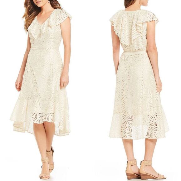 Reba Dresses & Skirts - Reba Ivory Cream Chunky Eyelet Lace Ruffle Collar Hi Low Dress NWT Size Small